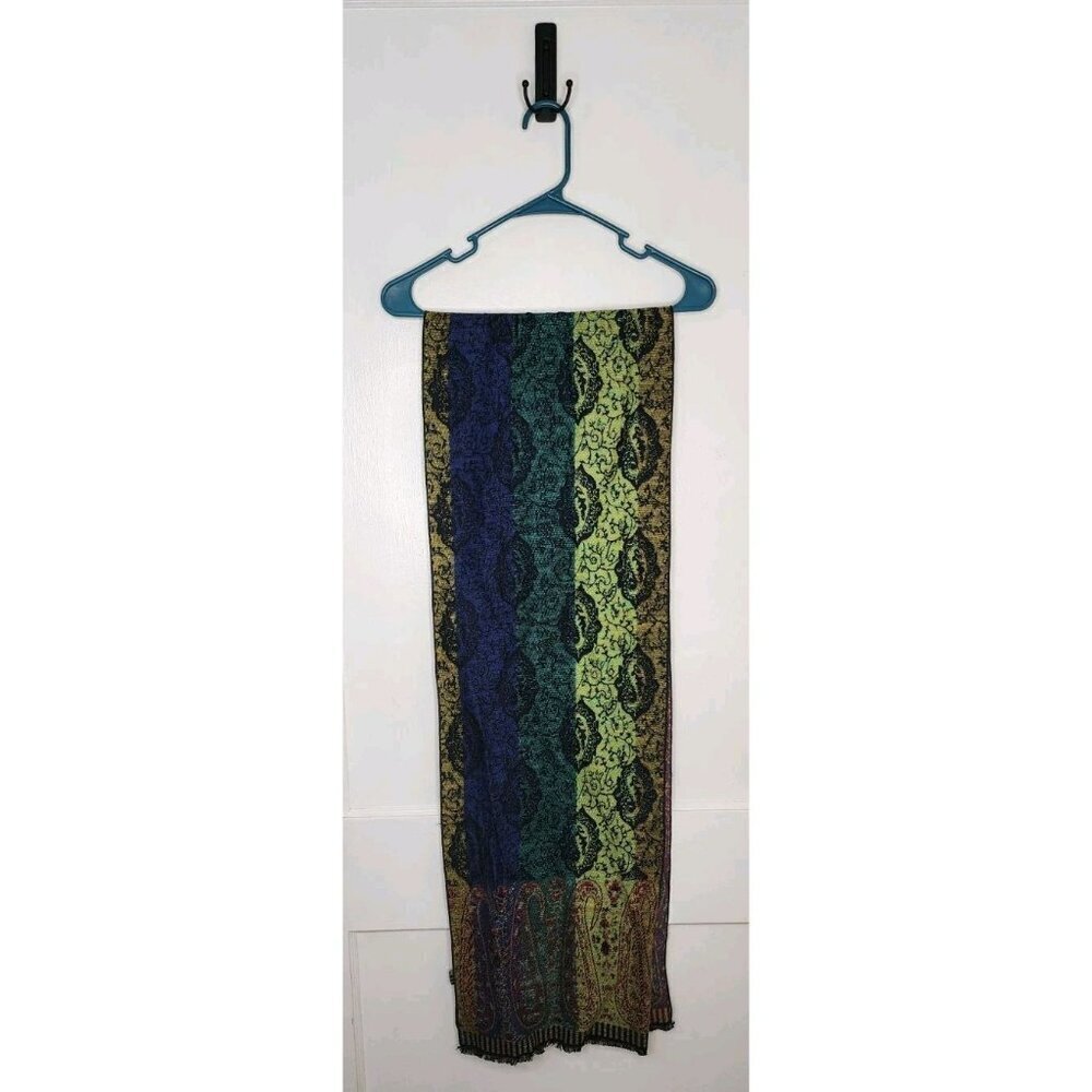 100% Cashmere Winter Scarf Blue Green Multicolor Fringe Reversible Soft